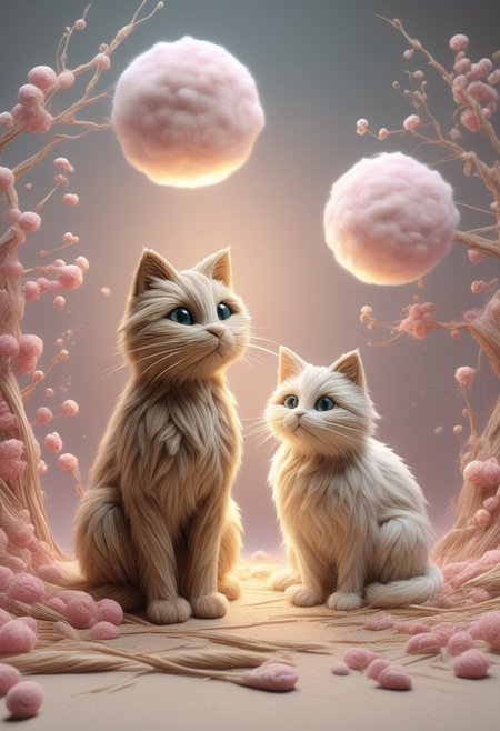 masterpiece, best quality, absurdres, cats made of straw sitting on a tree branch, facing each other in an intimate and harmonious pose. The left cat is black, while the right cat is white, creating a striking contrast. They are surrounded by delicate, blooming branches with small flowers, adding a serene and romantic atmosphere. The background is softly blurred, focusing the viewer's attention on the cats and their interaction. The lighting is soft, emphasizing the texture of their fur and the gentle ambiance of the scene. pink heart in front of them, white sphere in the background, h4ra_illu, momosp
