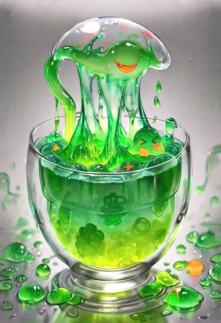 (masterpiece), (score_9, score_8_up, score_7_up,source_anime), 4K8K, very aesthetic, absurdres, best quality, 
(slime girl, Petite, disproportionate breasts), 
Hyperdetailed anime style image of a slime girl, slime girl in glass, Slime overflowing from a cup, 
transparent, see-through body, colorless skin, colorless sclera, amber eyes, orange slime, 
(emeraldmorph), slime (creature), Translucent, 
outdoors, detailed, dignified Smile, Amoeboid slime, Amoeba slime, Amoeba, Liquid slime,