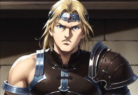 score_9, score_8_up, score_7_up, detailed background, cromartie, 1 boy, shade face, cromartie, simon belmont, simonbel, leather armor, jeweled headband, stylized brown breastplate, shoulder length blonde hair, solo