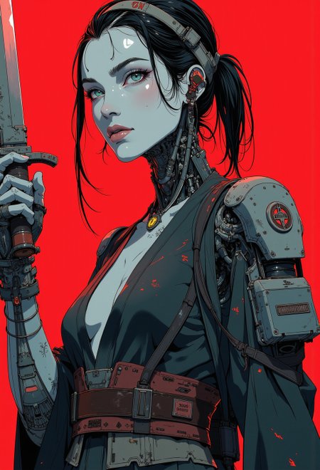 <lora:ck-nc-luminal-genesis:1>, close-up shot of a dressed in futuristic hard surfaced dark sci-fi, slightly oval cross section look, battle scratched armor, a kimono, mysterious white skin mexican wabi-sabi mercenary battle droid humanoid woman with a lot of mechanical parts looking at the viewer, wielding a combat knife, 1800'S, - Bosmer hybrid, Scribe, equirectangular 360, Flirty expression, Romantic, whimsical, Fast Shutter Speed, Lomography Color 100, red and black palette, highly detailed Mayhem style , background bizarre techno ghetto transmission, style minimalist, conceptual art posing Japanese, conceptual, illustration, cinematic, photo epic action, cinematic, award winning artwork, many details, patterned illumination, bad VHS tape image artifacts, anime style, key visual, vibrant, studio anime,
<lora:Anime v1.3:0.2>
<lora:CPA:0.4>