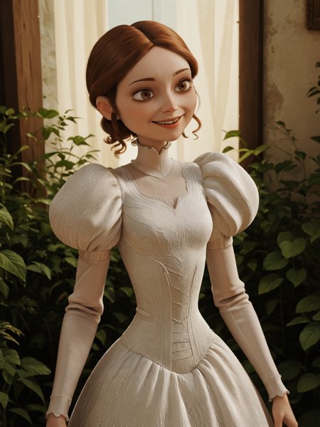 score_9, score_8_up, score_7_up,  score_6_up, BREAK, Lucill3, 1girl, solo, smile, short hair, brown hair, long sleeves, brown eyes, puffy sleeves, white dress, juliet sleeves,  <lora:Lucille:1>