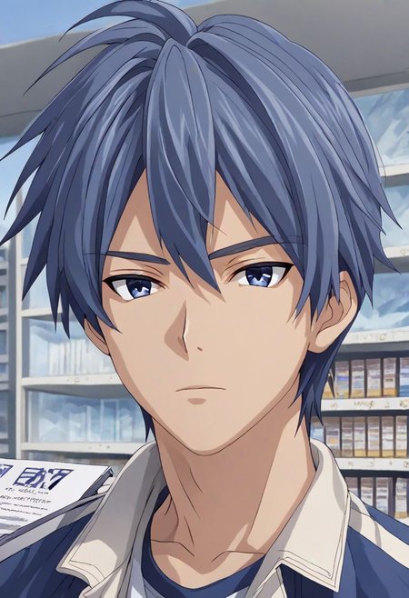 high resolution, solo, best quality, 1Boy, Tomoya Okazaki, Grey Blue Hair, brand ambassador, brochure design, OverallDetail