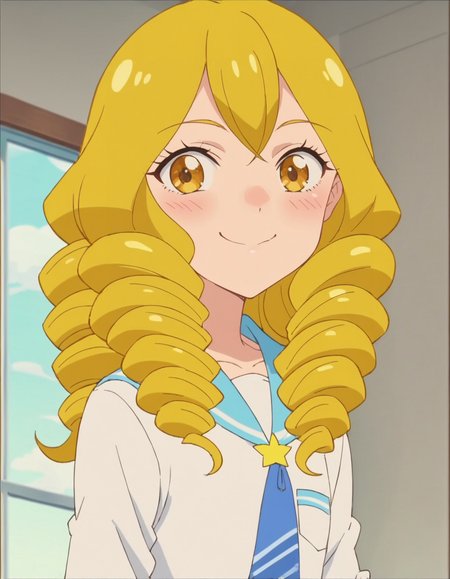 score_9, score_8_up, score_7_up, anime screencap,1girl, solo,  school uniform, skirt, blonde hair,  yellow eyes, blue skirt,drill hair,smile,blush,happy,looking at  viewer, <lora:HimenojoSakurako:0.8>