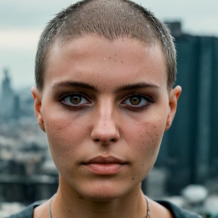 Buzzcut, no hair, bald, Blade Runner style, cinematic film still, (Skin Texture, pores, natural,iPhone,RAW)), natural lighting, Highest Quality closeup Portrait photo of a woman wearing no makeup with a ((buzzcut)), silver eyes, Nikon Z9, realistic matte skin, blurry city in the background, moody, epic, gorgeous, 8K,