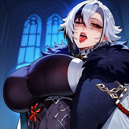 score_9, score_8_up, score_7_up, 1girl, Arlecchino_\(genshin_impact\), x-shaped pupils, white hair, black hair, black eyes, red pupils, furcoat, huge breasts
one eye closed, upper body, portrait, breasts, coat, fur-trimmed coat, from below, looking down, looking at viewer, head tilt, shaded face, glowing eyes, thick outlines, from side, open mouth, tongue out, pierced tongue, piercing
dark background, window shadow, indoors, dark background, dark blue background, lowkey, low key, dark theme, dutch angle<lora:EMS-346352-EMS:1.000000>, <lora:EMS-344951-EMS:0.800000>