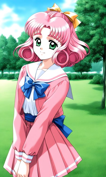 general,highres, ultra-detailed,very aesthetic,best quality ,best hands, BREAK <lora:Minagawa_Nana_kakyuusei_Ver2.0_IS:1>
Minagawa_Nana(kakyuusei), 1girl, solo, pink hair, short hair, hair bow, ribbon, green eyes, curly hair, 
school uniform, long sleeves, bangs, pink skirt, pink jacket, pleated skirt, blue bow, white shirt, blue sash,
smile, v arms, cowboy_Shot, open jacket,
grass, tree, sky, day,