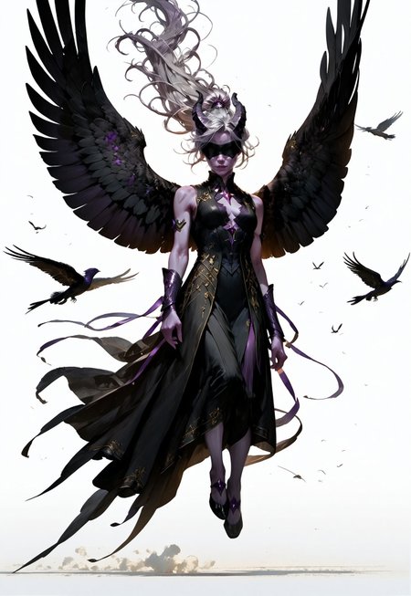 (absurdres, best quality, masterpiece:1.4), 
score_9, score_8_up, score_7_up, score_6_up, 
detailed, 
detailed body, 
detailed face, 
(((smooth skin, unbroken skin, detailed skin))), 
fantasy, 
alone, 

female, 
tiefling, 
h0rns, 
ram horns, 
black horns, 
tall, 
((((purple skin)))), 
((long grey hair, ponytail)), 
(((wingsd, black wings))),

floating, flying, hovering, weightless, 

(white robe, sleeveless, 
blindfold, black cloth blindfold), 

(((white background, plain background))), 
full body, 
front view, 