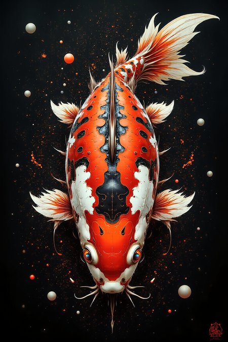 YFG-Sm0rg, YFG-Zaat, Ink splash art painting of a koi fish, very aesthetic, epic, majestic, fantasy art, dreamy, perspective, moody, magical, intricate details, highly detailed, ultra-detailed, absurdres, beautiful, painterly, detailed, textural, artistic, vivid, vibrant, black background.