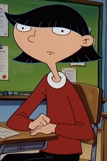 score_9_up,score_8_up,score_7_up,score_6_up,score_5_up,score_4_up BREAK rhonda,1girl,solo,retro artstyle,black hair, black eyes, bob cut, blunt bangs,upper body,red sweater, black pants, upper body,desk,classroom, indoors, sitting,serious, looking at viewer,flat chest,(from side:0.7), chair  <lora:RhondaPony:1>