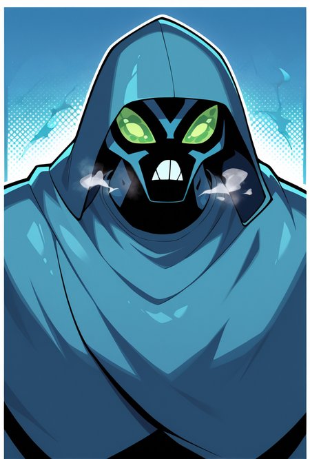 <lora:bigchill-07:1> bigchill, solo, 1boy, green eyes, blue skin, no humans, green sclera, teeth, hood, no pupils, dynamic pose, blue background, looking at viewer, steam breath, thick borders, masterpiece, best quality, amazing quality, very aesthetic, absurdres, newest,, upper body, halftone effect, white borders, abstract background:1.2,