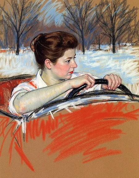 marycassatt2 drawing, a woman driving a 60s car in winter