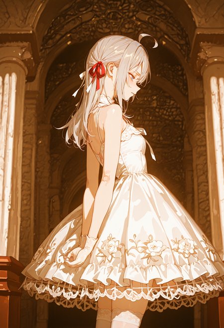 perfect quality,high quality,masterpiece,absolutely eye-catching,ambient occlusion,raytracing,best quality,amazing quality,very aesthetic,absurdres,available light,Cinematic Lighting,depth of field,newest,
front view,profile,facing_away,Disgust,
AlisaMikhaylovna Cyql,1girl,solo,long hair,grey hair,ahoge,ribbon,hair ribbon,red ribbon,blue eyes,
BREAK (white theme:1.4),(cute classic dress:1.3),(fusion of white High neck blouse and white classic dress:1.4),((bare shoulders, no Sleeve):1.3),(white ribbon bow:1.3),(bare arms:1.4),((lace and tulle Layered skirt with ruffles, crinoline):1.3),(white stockings with floral-lace:1.3),(sheer white lace evening gloves:1.2),(white high heels:1.1),hair_tucking,arms_behind_back,
Advertising poster style,Professional,modern,product-focused,commercial,eye-catching,highly detailed,
usnr,748cmstyle,<lora:USNR STYLE_XL_loha:0.45>,<lora:spo_sdxl_10ep_4k-data_lora_webui:0.6>,<lora:illustrious_all_rated_v1:0.6>,<lora:748cmSDXL:0.6>,<lora:illustrious_quality_modifiers_masterpieces_v1:0.8>,<lora:Alisa Mikhaylovna2:1>,