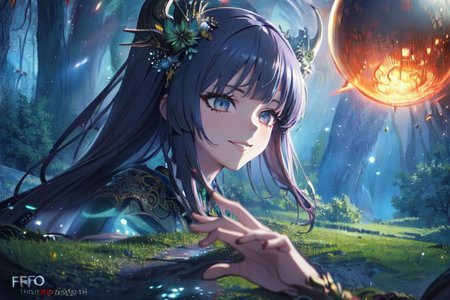 (masterpiece:1.4), 4K8K, (anime style), (high shutterspeed:1.4), (sharp edges), 
SyFyEye1, FanFo, 
1woman  hands togather,  leaning foward, face focus, smile, closed mouth, 
wearing Celtic style dress, (Detailed face, Detailed eyes, Detailed lips), (solo), 
Fantastic Forest at fantasy night, Fantastic Planets