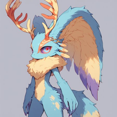 <lora:Elfilis:0.8> score_9, Fecto Elfilis, blue fur, multicolored eyes, head wings, antlers, yellow fur, colored sclera, fluffy tail
