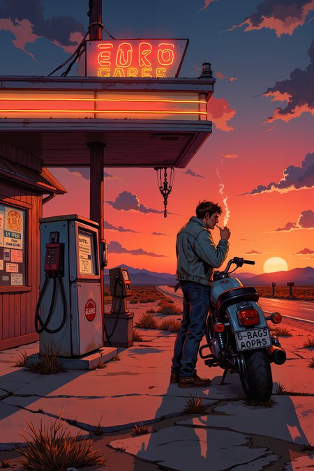 A lone gas station standing in the middle of an endless desert highway at dusk. The sun, a molten red orb, sinks behind the distant hills, casting long shadows across the cracked asphalt. A man in a worn denim jacket and dusty boots leans against an old motorcycle, lighting a cigarette as the neon sign above flickers erratically. The gas pumps are faded, their paint peeling, and the convenience store behind him is dimly lit, its windows covered in faded posters and hand-written signs. The air is dry, thick with the lingering heat of the day, and the scent of gasoline and distant rain lingers. An old payphone near the store door dangles from its cord, forgotten and useless. The highway stretches endlessly in both directions, disappearing into the horizon like an unfinished thought. The man watches the road, as if waiting for somethingâor someoneâthat may never come. The world is quiet, the moment heavy with an unspoken sense of longing and solitude. , detailed background  Fantastic lighting. Detailed shadows.intricate details, vivid colors, hyper-detailed, ultra-sharp, , <lora:XRSTYLE_FLUX:0.5><lora:RetroAnimeFluxV1:0.4><lora:MoriiMee_Gothic_Niji_Style_FLUX:0.3>
