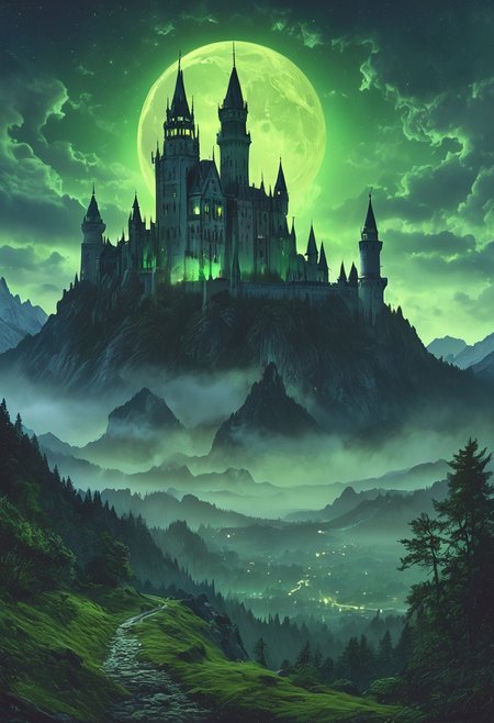 A captivating night scene illustration featuring a forboding and haunted castle on a great  great mountain. The castle and mountain are much like Neuschwanstein Castle in Bavaria.  This enchanting artwork captures a dark and ominous night, where an ominous green moon  hangs above  and over the  tree covered mountain and range and castle which  stands resolute amidst the great mountains, the moon bathes the are in a sickly green light,  The lights from the castle cast an ominous green light and glow,  creating a cinematic experience., illustration, cinematic
<lora:DonM3t3rn1tyXL-v1.1:0.7>, DonM3t3rn1tyXL,
OverallDetailXL  <lora:MJ52:0.3>  <lora:SDXLFaeTastic2400:0.4>  <lora:EpicF4nta5yXL:0.7>