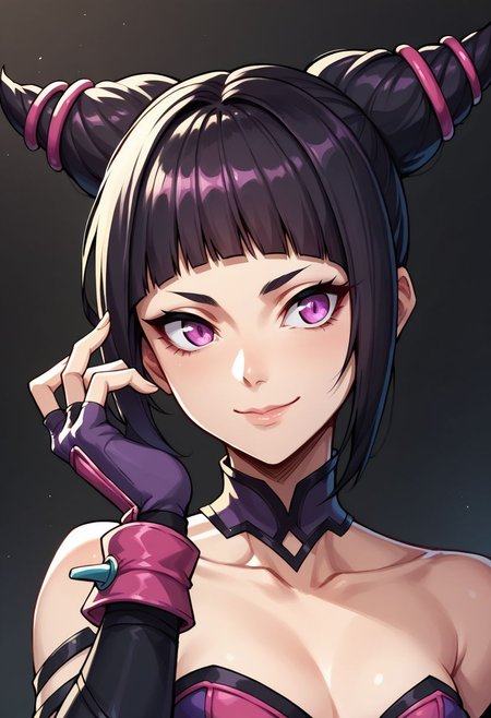 score_9,score_8_up,score_7_up,score_6_up, easynegative, Magnus_PS, 1girl, twintails, black hair, purple eyes, fingerless gloves, bare shoulders, han juri, purple gloves, blunt bangs, closed mouth, lips, cleavage, dress, smile, small breasts, strapless, choker, long hair, upper body, hair ribbon, simple background, looking to the side, looking at viewer, collarbone, black background, collar, epiCPhoto