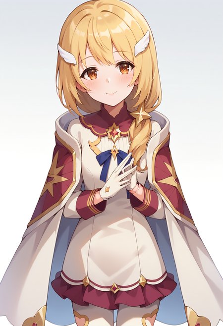 score_9, score_7_up, hd, (ultra hd quality details), source_anime, gradient background, white background,
solo, 1girl, kuriapcrbase,
kuridefdress, wing hair ornament, low ponytail, cape, white dress, long sleeves, gloves, white pantyhose,
looking at viewer, blush, smile,
standing, a-pose,
<lora:_clear_pcr-elesico-pony:0.9>