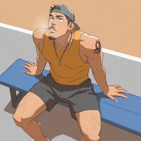 <lora:Illustrious\Style\eona_v1-06>sketch, hand drawn, masterpiece, bara, gay, yaoi, male focus,  1male, solo, 20yo, lean, tank top, shorts, backwards cap, sitting on concrete bench, looking up, sweaty, basketball court, earrings, necklace, tattoos, hairy legs, black hair, blue eyes, goatee, moustache, outdoors
