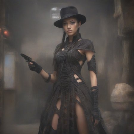 ((masterpiece, best quality, highly detailed)), cowboy shot, an asian woman, stunning looks, demobaza, demobaza, The Hateful Eight film style, ((tall hat:1.3)), ((holstered guns, (((holding guns))), six shooter in each hand, pointing at viewer, rifle in both hands:1.5)), (wearing western gunfighter clothes, shirt, pants, black boots,) in  wild western town, desert background, lantern lights, short hair, brown eyes, demobaza, indian style, wild western