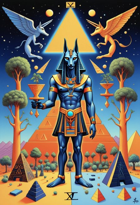 a drawing of Lunar Anubis, Egyptian psychadelic journey, a pharoh having a psychadelic vision, drinking from the tree of life, ((sigil of pyramid, sigil of great power, frames cube FancyTurning:1.5), (three planes) X Y Z in occult space, colorful psychedelic Egyptian themed trip,