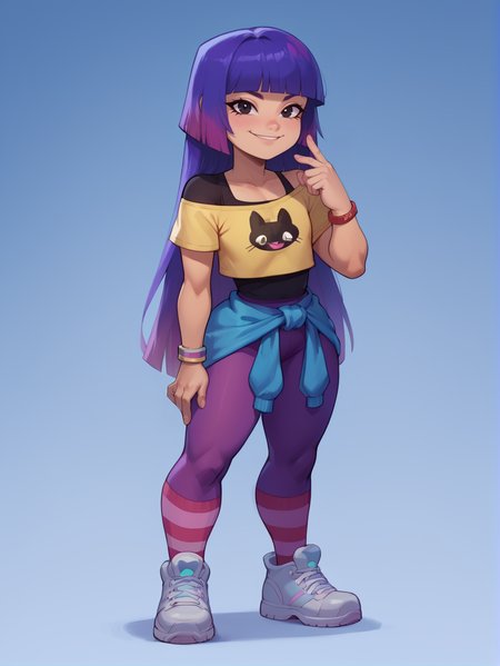 score_9, score_8_up, score_7_up, rating_safe, zPDXL2, zPDXLxxx, zPDXL3, source_anime,
<lora:MikoKubota:1>, 1girl, solo, long hair, looking at viewer, smile, simple background, shirt, skirt, closed mouth, jewelry, very long hair, standing, jacket, full body, pink hair, purple hair, multicolored hair, short sleeves, pantyhose, shoes, socks, pants, hand up, blunt bangs, off shoulder, striped clothes, black eyes, two-tone hair, bracelet, flat chest, black shirt, gradient hair, white footwear, tank top, whie background, animal print, sneakers, t-shirt, outline, personification, yellow shirt, hime cut, off-shoulder shirt, print shirt, leggings, clothes around waist, undershirt, \m/, pinky out, striped socks, purple pantyhose, jacket around waist, purple pants, cat print, sweater around waist, purple socks,