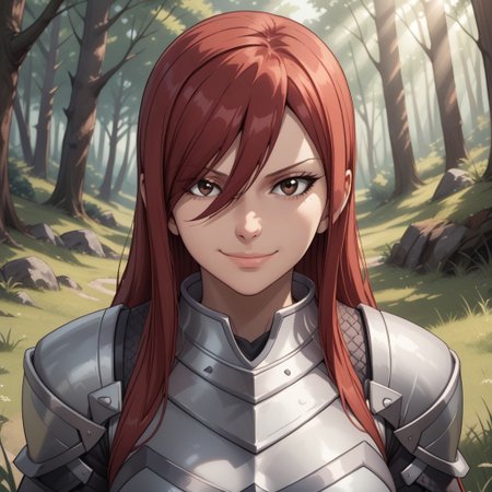 score_9, score_8, BREAK, solo, Erza_Scarlet_(Fairy_Tail), long hair, red hair, hair between eyes, brown eyes, large breasts, armor, hair over one eye, tattoo, shoulder armor, skirt, breastplate, gauntlets, blue skirt, self portrait, smile, looking at viewer, outdoors, sunlight, shadows, evening lighting, natural lighting, forest, trees, grass, orange sky, sunset