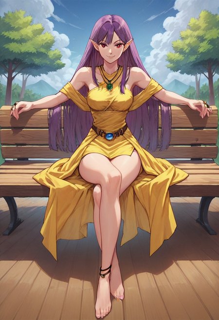 YGOWingW, 1girl, duel monster, angel, purple hair, long hair, red eyes, pointy ears, yellow dress, yellow scarf, belt, rings, blue gem, necklace, green gem, anklet
uncensored, score_9__up, score_9, score_8_up, score_8, score_7_up, score_7, score_6_up, score_6, score_5_up, source_anime, anime screencap, anime coloring, highres, Rating_safe, safe_pos
bare shoulder, breasts, bare feet, toes
smug, sitting, crossed legs, outdoors, 1girl, bench, trees, sky, clouds, sun, looking at viewer, day, forest