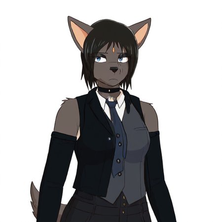 1r15,1girl,solo,furry,furry female,black hair,short hair,black hair,blue eyes,animl nose,snout,choker,body fur,grey fur,tail, detached sleeves, necktie, collared shirt, high-waisted jeans, denim vest, bare shoulders,
