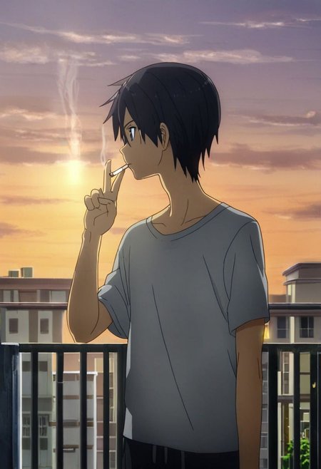 high resolution, professional photography, solo, best quality, 1Boy, Kazuto Kirigaya, Black Hair, Black Eyes, home balcony, morning, soft sunlight, cigarette, coffee, v-neck t-shirt, shorts, potrait, looking away, OverallDetail