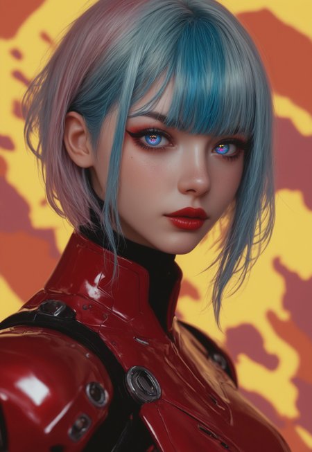 masterpiece, best quality, highly detailed, score_9, score_8_up, score_7_up, Expressiveh, 
silhouette art, animeanime image of a robotic cyberpunk female warrior, long multicoloured hair (platinum with red and blue highlights or streaks), bangs, dark eyeshadow, red lips, chrome and red armour, silhouetted, chiascuro, glowing eyes, abstract dark cyberpunk background
<lora:Dynamic Poses:1> 
<lora:detailed_notrigger:1>
 (((full clothed))),