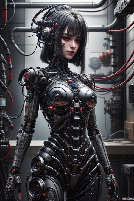 cybernetic robot masterpiece,best quality,absurdres,high details,8K,photorealistic,amazing body,at distance,cowboy shot,posing,flirting,(playful gaze, smirking:1.1),1girl,<lora:dylanKowalski:0.5>,bydylankowalski,<lora:Concept_-_Hella-sthetic_v2:0.7>, . android, AI, machine, metal, wires, tech, futuristic, highly detailed