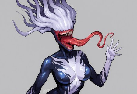 score_9, score_8_up, score_7_up, 1girl, solo, (BCSymbiote, monster girl, tentacle hair, symbiote, eyeless, tentacle hair, featureless breasts, white face, black body, white body, two tone body, sharp teeth, open mouth, smile, tongue out, long tongue), waving, looking at viewer, close-up, grey background, simple background, 4k, masterpiece, best quality, highly detailed, realistic