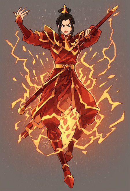 Azula, the fierce and cunning firebender, stands confidently at the center of the scene, wielding a bolt of lightning in her hand. Her eyes are sharp and intense, reflecting her unwavering determination and strategic mind. She is dressed in her traditional Fire Nation armor, which glows with shades of deep red and black, accented by golden details. Her long, dark hair flows behind her like a trail of smoke, subtly moving as if stirred by an unseen breeze. The background is a dramatic, volcanic landscape under a blood-red sky, with molten lava flowing across jagged rocks and plumes of dark smoke rising into the air. Blue flames dance around her, highlighting her unique firebending abilities and adding a contrasting, electric blue hue to the predominantly warm color palette. The atmosphere is charged with tension and raw power, as Azula embodies the dangerous and unpredictable force of fire and lightning. Her stance is both regal and intimidating, conveying a sense of control and command over the elements she wields. The image should be rendered in maximum ultra-high-definition quality, with detailed textures and ultra-realistic lighting to capture the glow of the flames, the sharpness of the lightning, and the intensity of the scene. The special effects should emphasize the crackling energy of the lightning and the heat of the flames, creating a dynamic 8K high-definition image with realistic lighting to enhance the dramatic and powerful atmosphere.