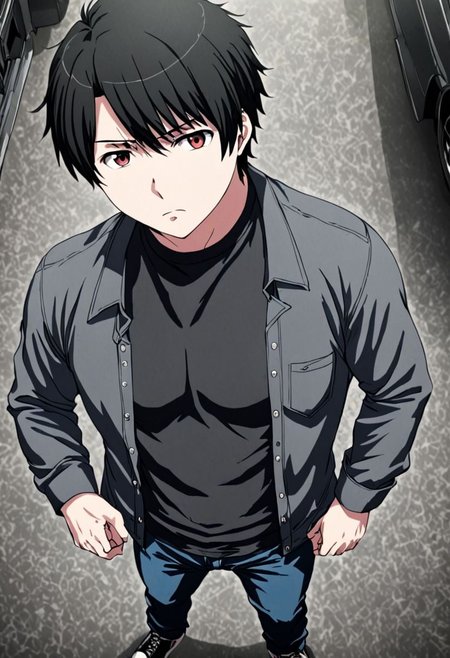 high resolution, solo, best quality, 1Boy, Inaho Kaizuka, Black Hair, casual, seen from above, gangster, dominant, intimidate, OverallDetail