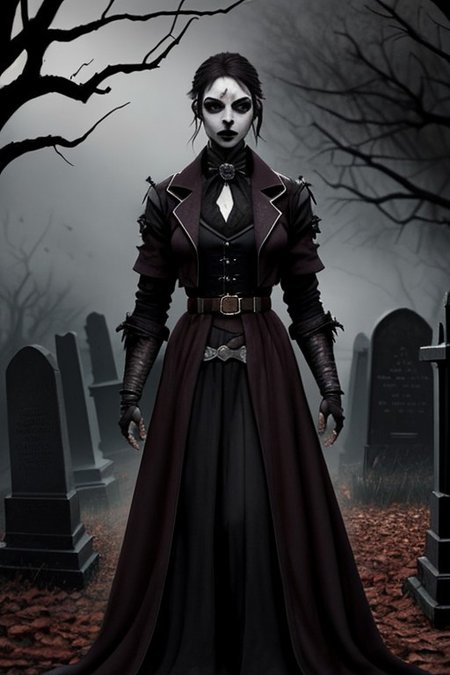 (masterpiece:1.2), (best quality,:1.2), 8k, HDR, ultra detailed, ((photorealistic)), professional light, cinematic lighting, fashion photography, ambient lighting, atmospheric effects, <lora:detail_slider_v4:2>, (DarkFantasy:0.2), a female hunter, wearing a long coat, ascot, corset, bracers, belt, gothout, <lora:Gothic_Outfit:0.5>,  in a dark and sinister gothic graveyard, iron fence, open graves, darkness, <lora:Darkness-10:0.6>,  <lora:zoom_slider_v1:2>, (Style-Necromancy:0.5), epiCPhoto