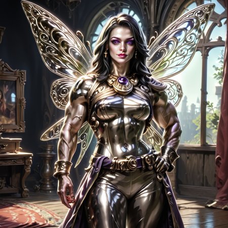 Action scene, Photo realistic, hyper realistic, score_9, rating_safe, solo (arch fey woman, (beautiful detailed face), (violet eyes), (bronze metallic gold skin ral-polishedsteel), (pirate, white blouse, black pants, gloves), (fairy wings), (long black hair), (thick thighs | large muscles), (sword belt)), standing next to a throne, in a detailed throne room, hi res, hi quality, 4k, realism