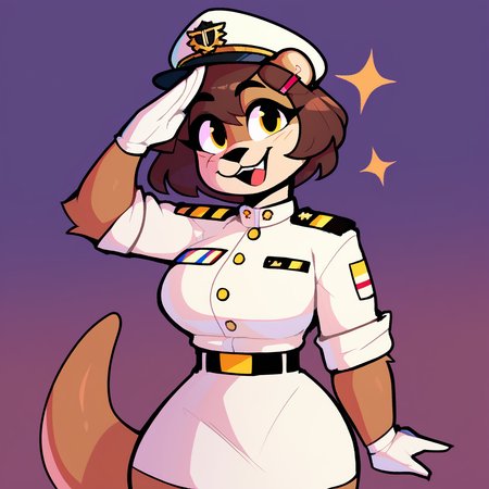 score_9_up, score_8_up, score_7_up, score_6_up, half-length portrait,  by remanedur, furry female, otter, female, furry, short hair, yellow eyes, dark brown hair, looking at viewer, hairclip, large breasts, military, white uniform, white short skirt, tail, (salute), high heels, solo, smile, open mouth, happy, three-quarter view, head tilt, white gloves, hairclip, standing, white hat, brown body, simple background,  <lora:Leah_Pines(AIM)_XL_v1:0.5>, <lora:PDXL_artist_tags_v2_big:0.7> <lora:The-Minuscule-Task_PDXL_v1.0:0.6> <lora:Pearl_Aurora_v2_WirelessShiba:0.3>