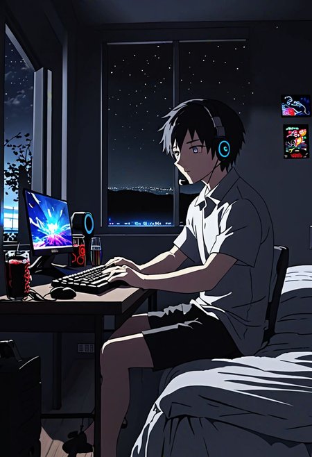 Highres, Masterpiece, High Quality, 4K, 8K, solo, 1Boy, Takaki Toono, adult, black hair, short hair, potarit, bed room, game room, comfortable, dark walls, RGB lights, quiet, window, night view, keyboard, pc, mouse, laptop, mattress, headset, speakers, stickers, soda drinks, snacks,, easynegative, detailed_eye_model