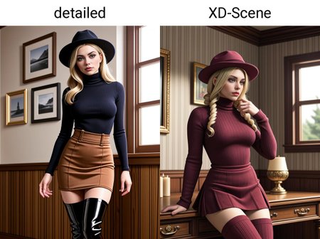 detailed, 
Vickie_Zane, 
corduroy skirt with a ribbed turtleneck and a pair of knee-high boots, finished with a wool fedora,
An environment that has just been waxed and carefully cleaned where everything is shiny and organized,