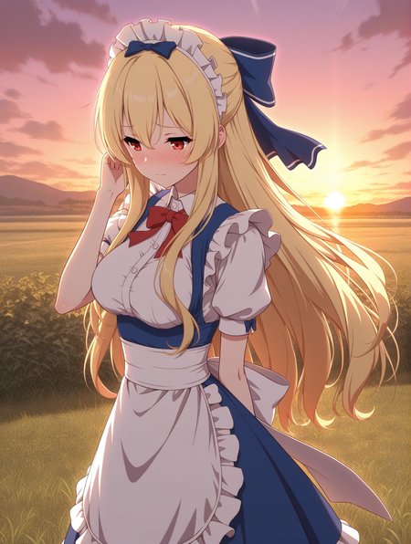 (maid blue skirt hair bow:1.50), 
pc-leticia, blonde hair, red eyes, long hair, hair between eyes, sidelocks, hair bow
1girl, 
(masterpiece, highres, ultra-detailed,very aesthetic, best quality, absurdres, high quality, highres), 
flustered,
standing,
(:1.10), 
BREAK,
sunset outdoors,
comic,
(solo:0.90), (skinny:0.8),
(by himitsu_(hi_mi_tsu_2)),
aged up, medium breasts,
<lora:pc-leticia-V02-illXL:0.60>