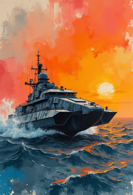 ink wash painting, intricate linework with expressive contrasts, gradient vibrant neon colour, rough, textural, broad brush strokes, a sleek military hovercraft in camouflage greys and blacks traversing rapidly across a choppy ocean, sunset,