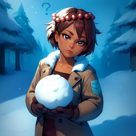<lora:ajna:1>,1girl,solo,ajna,dark-skinned female,brown hair,brown eyes,short hair,bob cut,hair beads,hair ornament,snow jacket,black pantyhose,cowboy shot,mittens,
outdoors,forest,snow,snowing,snowman,looking at viewer,head tilt,?,holding snowball with both hands,confused,, score_9, score_8_up, score_7_up, perfect anatomy, source_anime, zPDXL2,