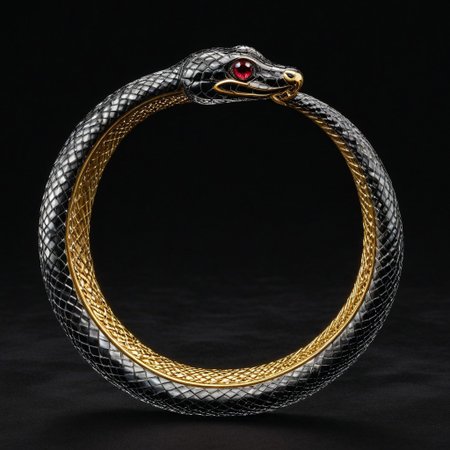 Glass Snake,Ouroboros, snake made out of glass, 8k, high resolution, fine quality, high quality, very detailed, photo realistic, snake eating its own tail, snake with its tail in its mouth, snake, solo snake, detailxl, black silk background, snake has a ruby as an eye.