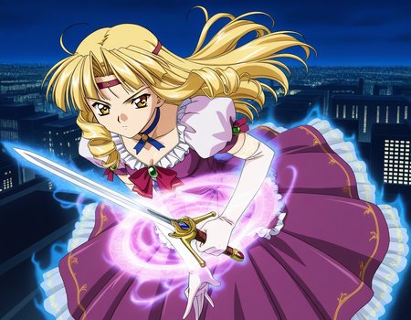 general,highres, ultra-detailed,very aesthetic,best quality ,best hands,  BREAK  2000s \(style\),anime coloring, <lora:Sapphire_Spiral_NAMI_IS:1>,
Sapphire, 1girl, solo, weapon, sword, dress, gloves, brown eyes, elbow gloves, purple dress, puffy sleeves, looking at viewer, attack, magic effect. aura,
night, city,