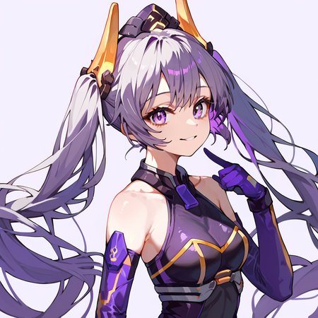 score_9, score_8_up, score_7_up,
simple background, smile,
1girl, masquerena2, twintails, grey hair, purple hair, bare shoulders, bodysuit, elbow gloves, 
<lora:masquerena_pony_v1:0.8>
