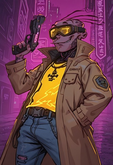 masterpiece, absurdres, highest quality, highly detailed, , cyberpunk, 1boy, solo, eddyboy smug, sc4m, belt, three hairs, trench coat, yellow shirt, blue jeans, goggles, neon glow, tattoos, holding a pistol, cyberpunk pistol. cyberpunk city background, detailed background,
