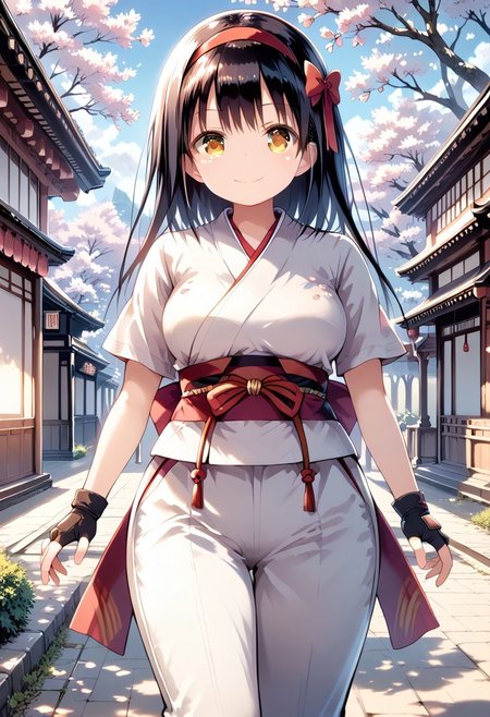 score_9, score_8_up, score_7_up, 1girl, FujisakaLP, mature woman, masterpiece, best quality, ultra high res, (big breasts1.2). smiling, happy, wide thighs, wide hips,  (detailed eyes:1.2), masterpiece, best quality,1girl, solo, nakorurums, red bow, bow, long hair, hair bow, ainu clothes, solo, hairband, black hair, fingerless gloves, short sleeves, gloves, sash, bangs, red hairband, breasts, brown eyes, white pants, japanese clothes, masterpiece, light smile, (illustration: 1.5), running toward viewer