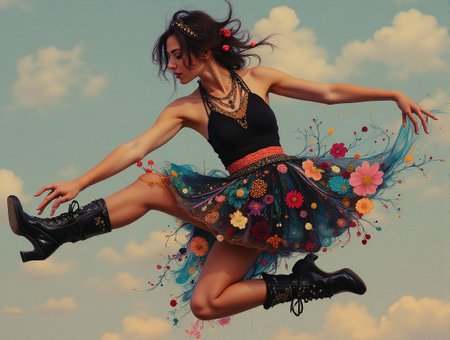 goth ballerina wearing boots and patchwork skirt <lora:Midjourney_Whisper_Chromaplex_Velvet_Myst_v01:0.8> <lora:Paper_Marbling_Flux:0.5>