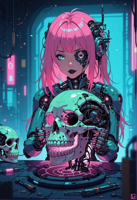 <lora:ck-nc-cyberpunk-IL-000011:1>,  masterpiece, best quality, good quality, very aesthetic, absurdres, newest, 8K, depth of field, focused subject, A half-body shot of a beautiful cyborg girl in her futuristic workshop. She has neon pink hair cascading down her shoulders, contrasting sharply with her black lipstick. The top of her face, from under the nose to the forehead, is removed like a mask, revealing a detailed mechanical skull underneath. With intense focus, she uses a glowing soldering iron to carefully repair the cracks on a detached skull, which rests in her other hand. Her exposed robotic eye glows a brilliant blue, illuminating the intricate cybernetic components beneath the skull. The workshop is cluttered with futuristic tools, wires, and neon-lit gadgets, all bathed in vibrant cyberpunk hue, electric pinks, deep blues, and fluorescent greens. The neon light reflects off her sleek metallic parts, casting dynamic shadows, while the scene radiates a blend of gritty industrial and high-tech futurism. The art style is highly detailed, in the vein of futurist anime, capturing the beauty of the cyborg girl and the mechanical complexity of her exposed skull, in the style of cknc